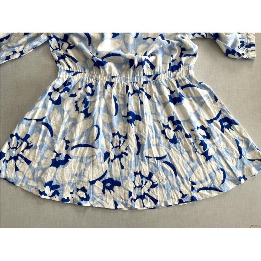 Loft XL Linen Blend Dress Blue Floral A-Line Vacation SPRING WEDDING GUEST DRESS - Picture 6 of 12